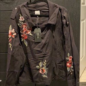 Embroidered, off-center zip jacket